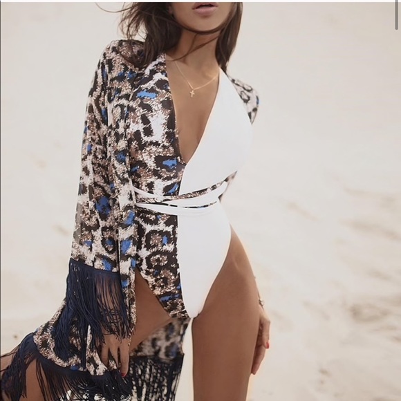 Cheetah swimwear coverup with tassels - Picture 2 of 8